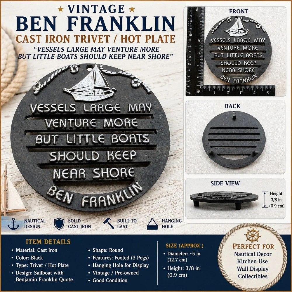 Vintage Ben Franklin Cast Iron Trivet Sailboat Quote Nautical Hot Plate 5 Inch